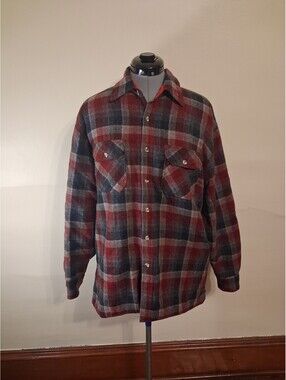 Vintage Woodland Wool Shacket, Red Lined Wool Jacket Retro Lumberjack Size Large